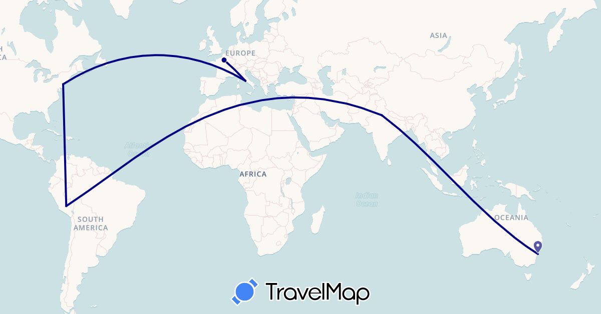TravelMap itinerary: driving in Australia, France, India, Italy, Peru, United States (Asia, Europe, North America, Oceania, South America)